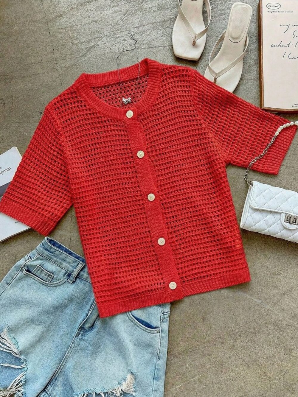 Bright Red Casual Women's button down knit cardigan - Picture 6 of 9